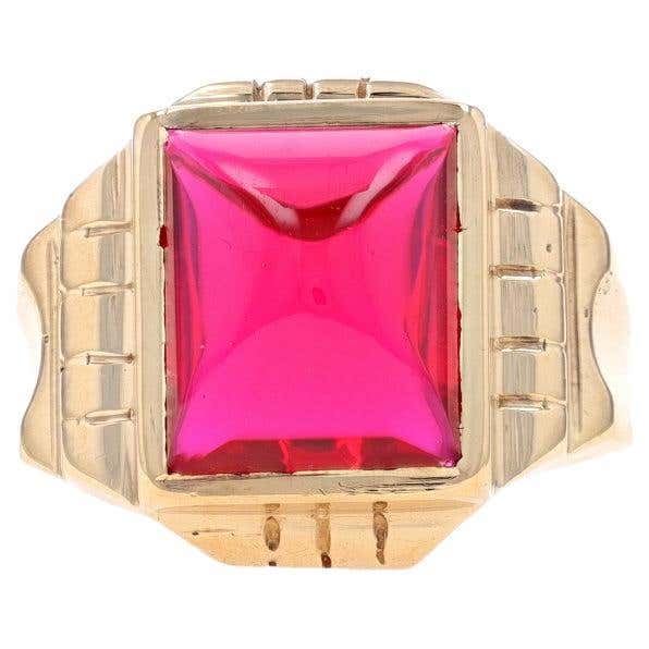 Yellow Gold Lab-Created Ruby Retro Men's Ring - 10k Rectangular ...