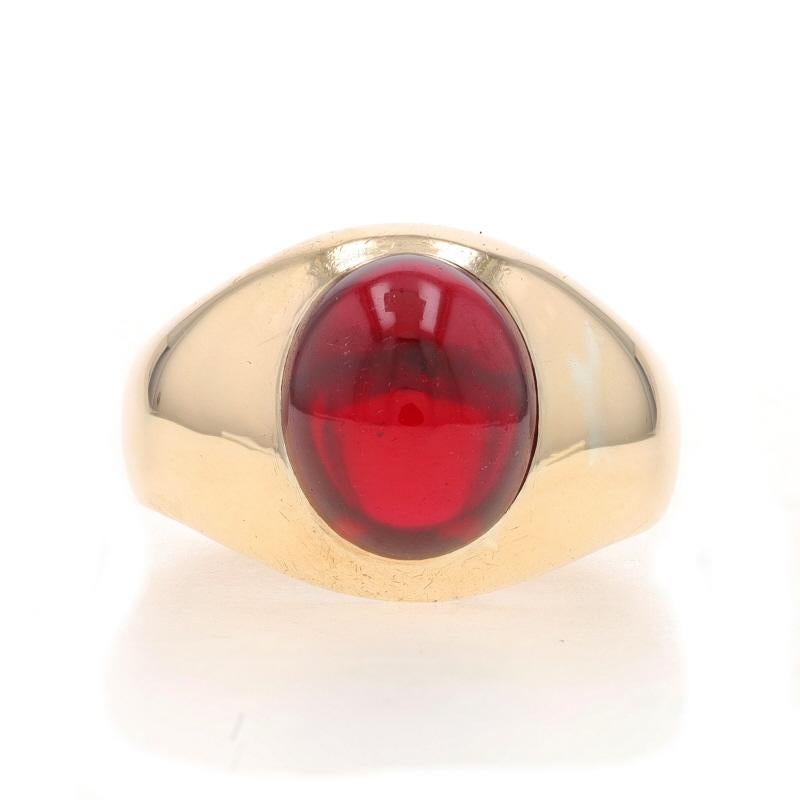 Size: 9
Sizing Fee: Up 2 sizes for $80 or Down 1/2 a size for $40

Metal Content: 14k Yellow Gold

Stone Information

Lab-Created Ruby
Treatment: Heating
Carat(s): 8.00ct
Cut: Oval Cabochon

Total Carats: 8.00ct

Style: Solitaire

Measurements

Face