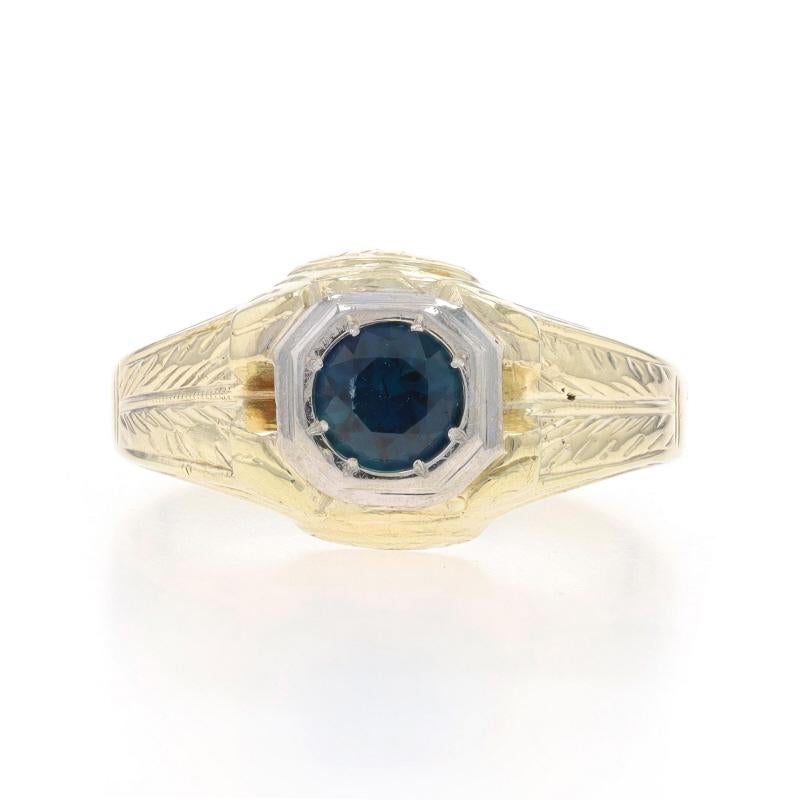 Size: 10 1/4
Sizing Fee: Up 3 sizes for $40 or Down 3 sizes for $40

Era: Art Deco
Date: 1920s - 1930s

Metal Content: 14k Yellow Gold & 14k White Gold

Stone Information

Synthetic Sapphire
Carat(s): .85ct
Cut: Round
Color: Blue

Total Carats: