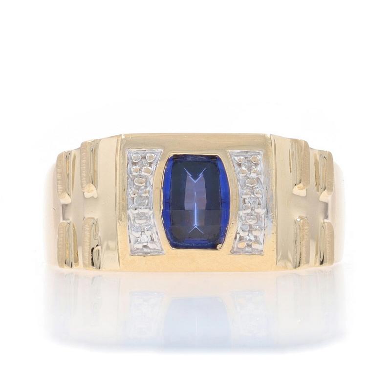 Size: 10
Sizing Fee: Up 1 size for $25 or Down 1 size for $25

Metal Content: 10k Yellow Gold & 10k White Gold

Stone Information

Synthetic Sapphire
Carat(s): 2.95ct
Cut: Barrel
Color: Blue

Natural Diamonds
Carat(s): .03ctw
Cut: Single
Color: G -
