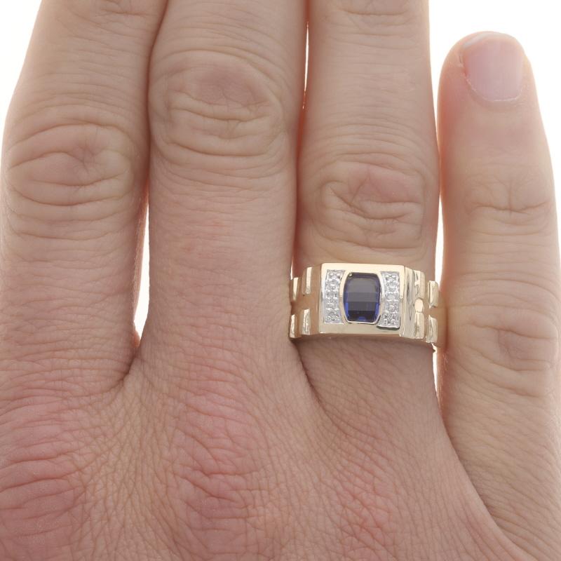 Single Cut Yellow Gold Lab-Created Sapphire & Diamond Men's Ring - 10k Barrel Cut 2.98ctw
