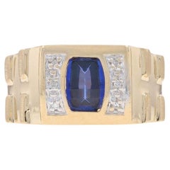 Yellow Gold Lab-Created Sapphire & Diamond Men's Ring - 10k Barrel Cut 2.98ctw