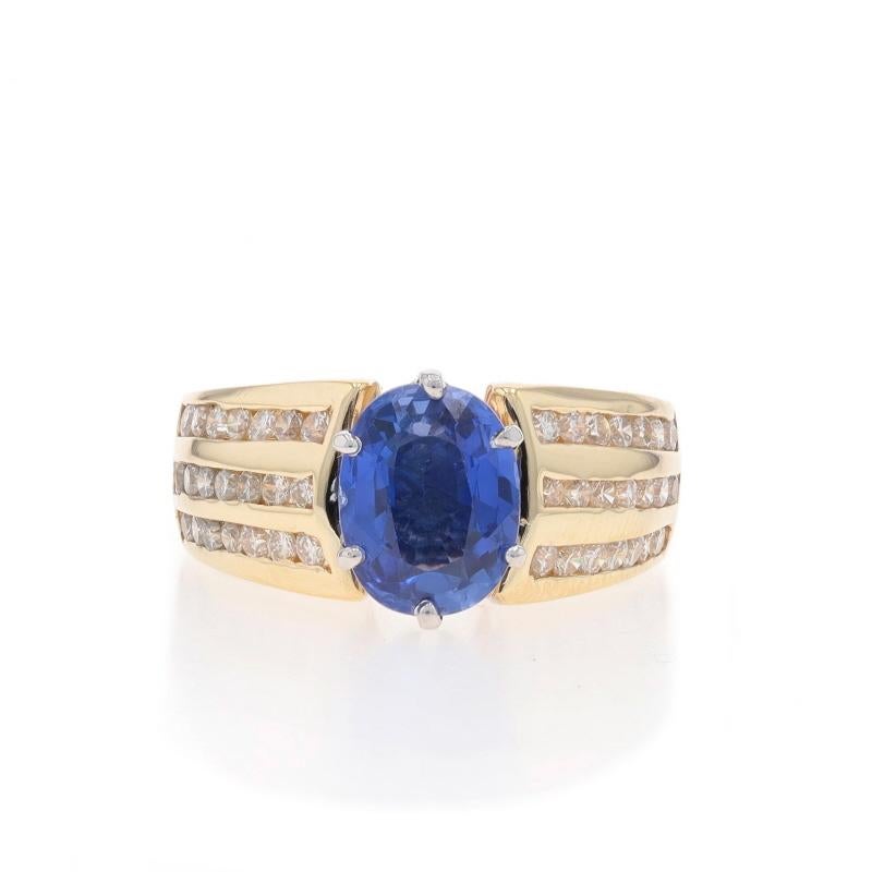 Size: 6 3/4
Sizing Fee: Up 1 size for $40 or Down 1/2 a size for $40

Metal Content: 14k Yellow Gold & 14k White Gold

Stone Information

Synthetic Sapphire
Carat(s): 2.63ct
Cut: Oval
Color: Blue

Natural Diamonds
Carat(s): .75ctw
Cut: Round