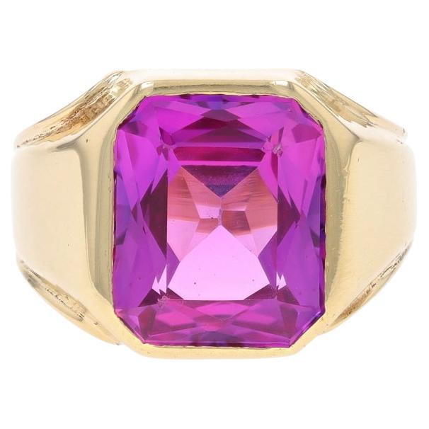 Yellow Gold Lab Created Sapphire Men's Ring - 14k Rectangular 22.50ctw Solitaire For Sale