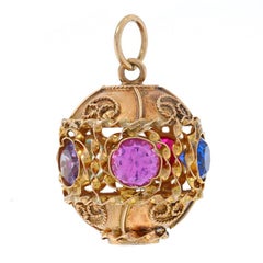 Yellow Gold Lab Created Spinel Ruby Sapphire Vintage Ornate Ball Charm 14k Round