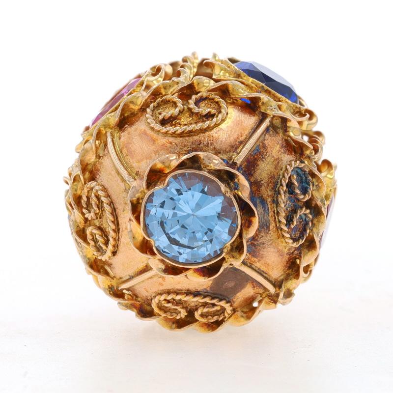 Yellow Gold Lab Created Spinel Ruby Sapphire Vintage Ornate Ball Charm 14k Round Pour femmes en vente