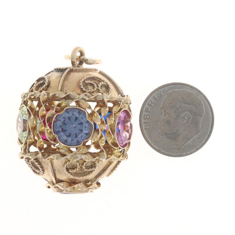 Yellow Gold Lab Created Spinel Ruby Sapphire Vintage Ornate Ball Charm 14k Round en vente 1