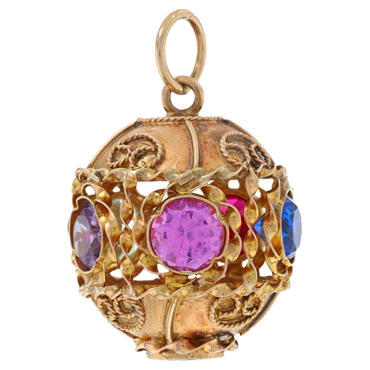 Gelbgold Labor erstellt Spinell Rubin Saphir Vintage Ornate Ball Charm 14k Runde