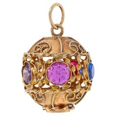 Gelbgold Labor erstellt Spinell Rubin Saphir Vintage Ornate Ball Charm 14k Runde