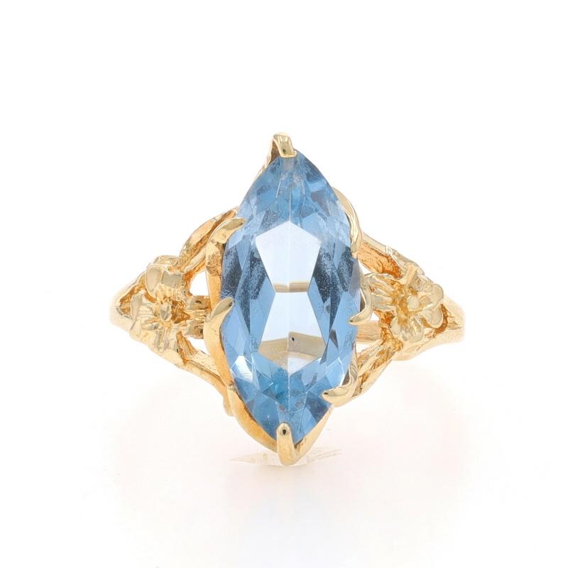 Size: 6
Sizing Fee: Up 3 sizes for $30 or Down 2 sizes for $30

Era: Vintage

Metal Content: 14k Yellow Gold

Stone Information

Synthetic Spinel
Carat(s): 2.45ct
Cut: Marquise
Color: Blue

Total Carats: 2.45ct

Style: Cocktail Solitaire
Theme: