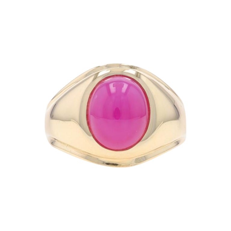Yellow Gold Lab-Created Star Ruby Men's Ring 14k Oval Cabochon 5.02ct