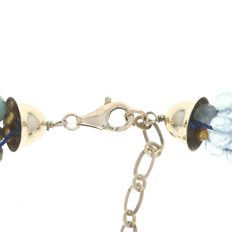 Yellow Gold Labradorite Quartz Pearl Triple Strand Bead Necklace 14k Adjustable For Sale 1