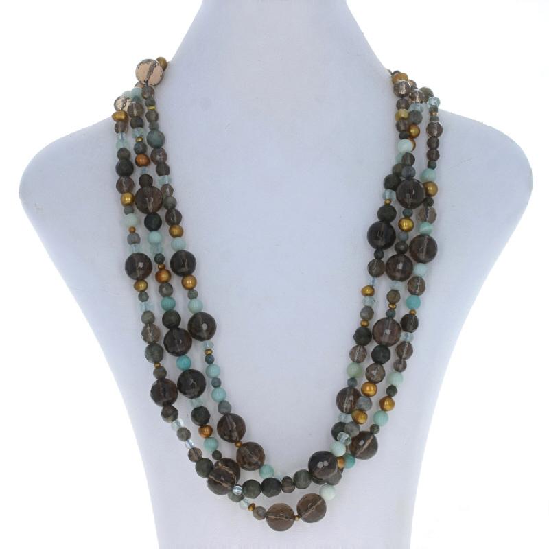 Yellow Gold Labradorite Quartz Pearl Triple Strand Bead Necklace 14k Adjustable For Sale