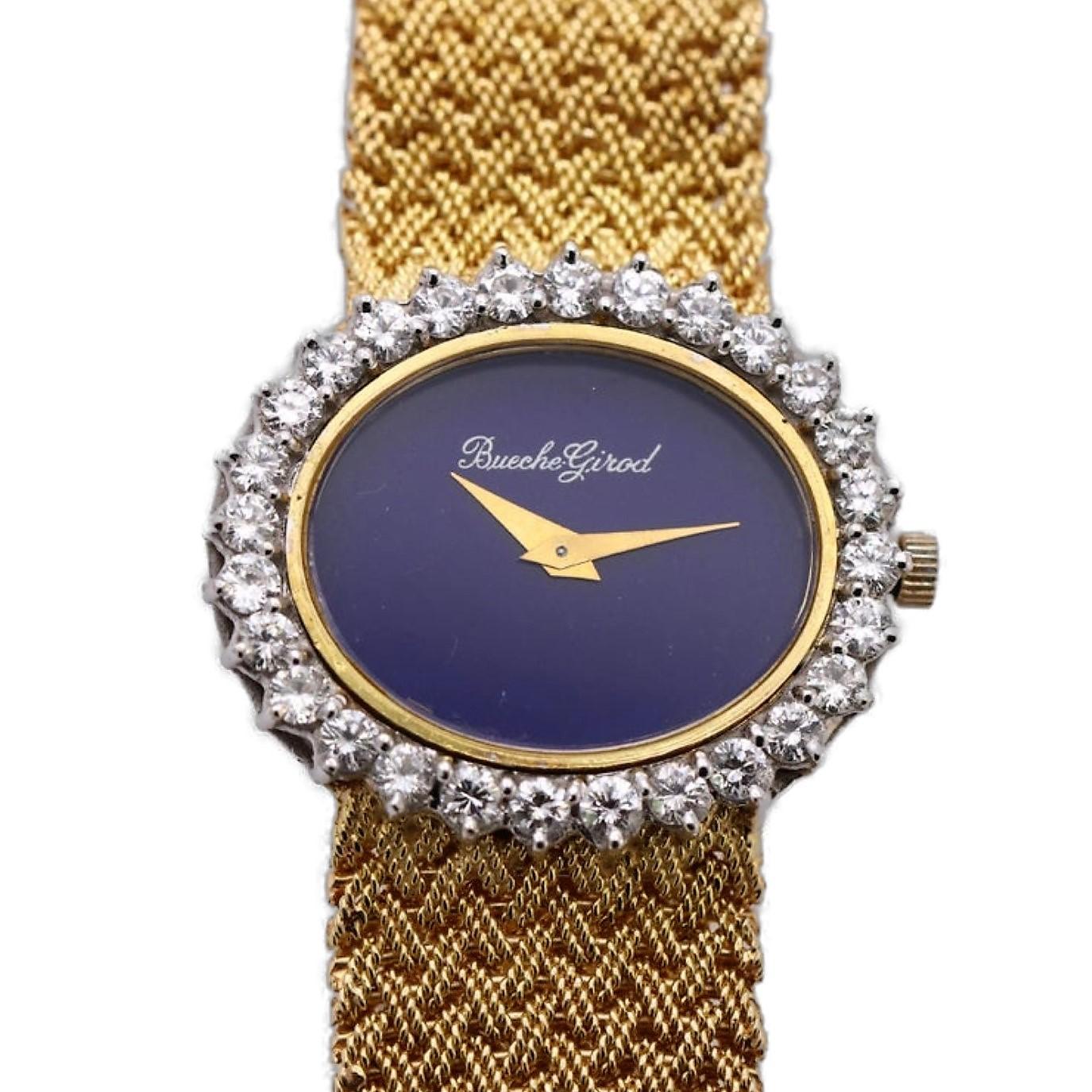This striking 18K Yellow Gold Ladies Bueche Girod Watch 
has a horizontal, oval shaped lapis lazuli dial, surrounded by 
29 round brilliant cut diamonds weighing an approximate total 
of 2.15CT of overall G/H Color and VS2/SI1 Clarity. The