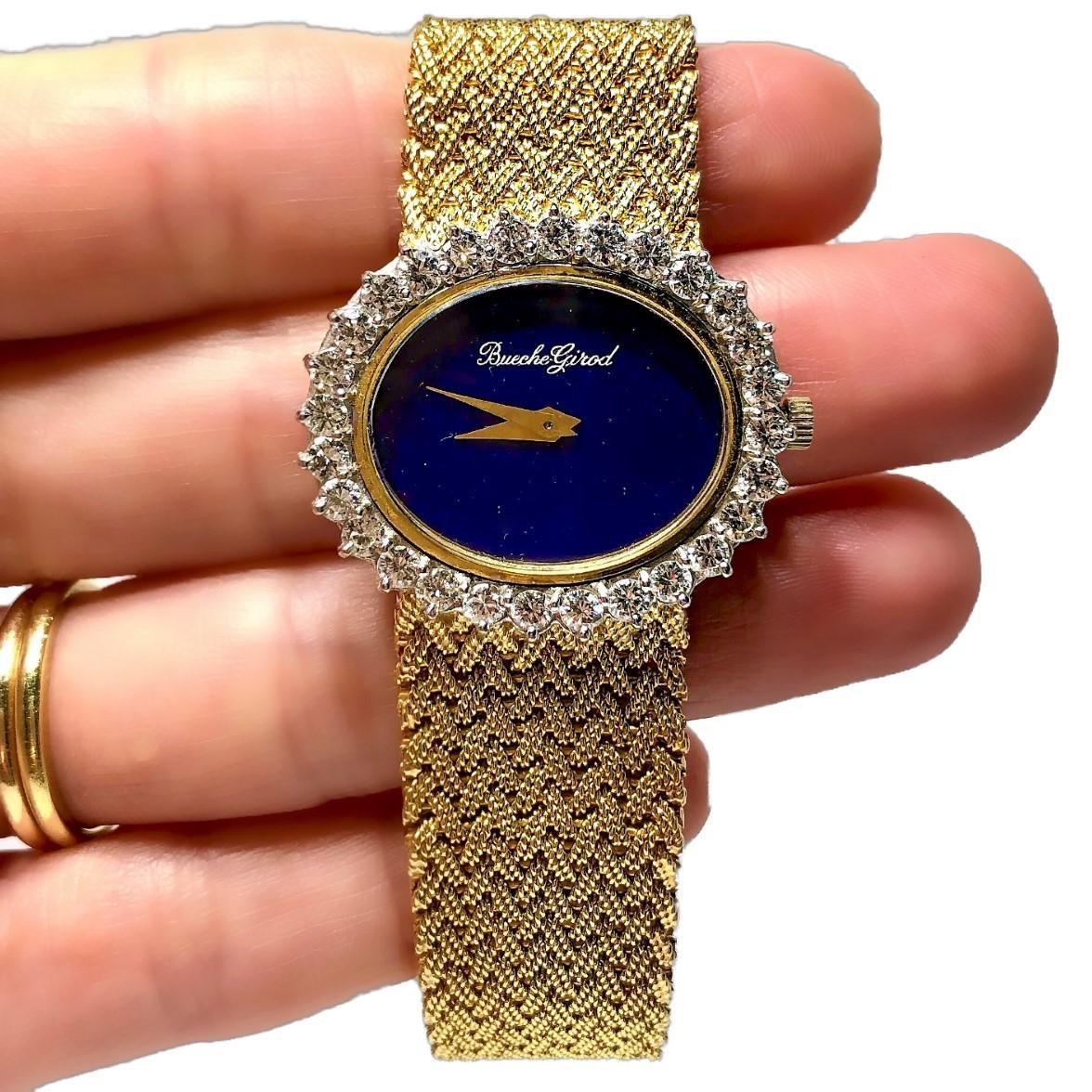 Yellow Gold Ladies Bueche Girod Watch with Oval Lapis Dial and Diamond Bezel 1