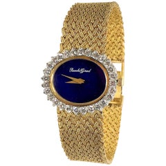 Yellow Gold Ladies Bueche Girod Watch with Oval Lapis Dial and Diamond Bezel