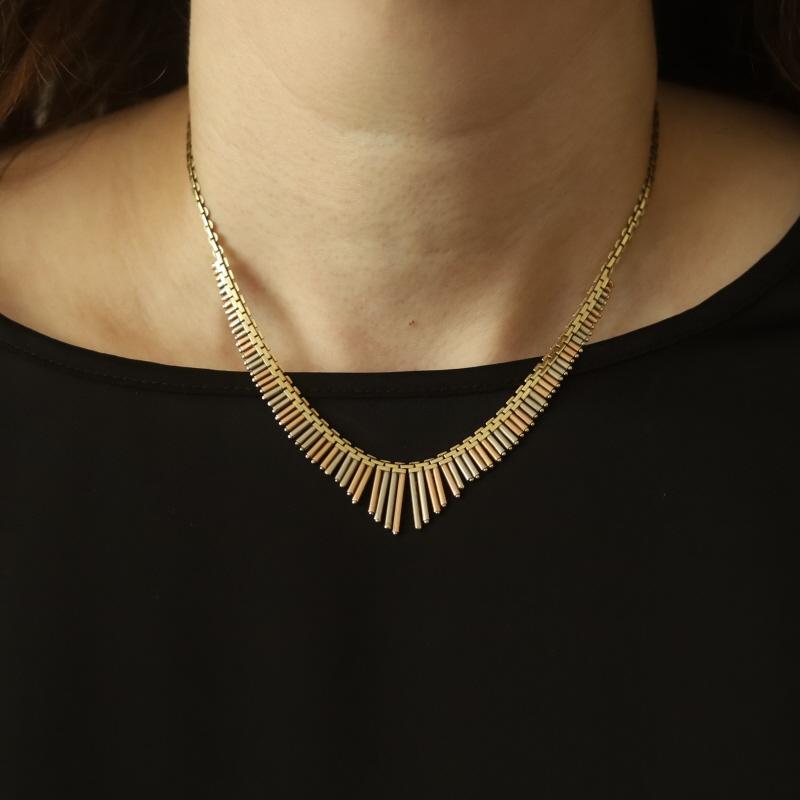 Metal Content: 14k Yellow Gold, 14k White Gold, & 14k Rose Gold

Style: V Fringe, Collar
Chain Style: Lancy Link
Necklace Style: Chain
Fastening Type: Tab Box Clasp with Side Safety Clasp

Measurements

Length: 16 1/2