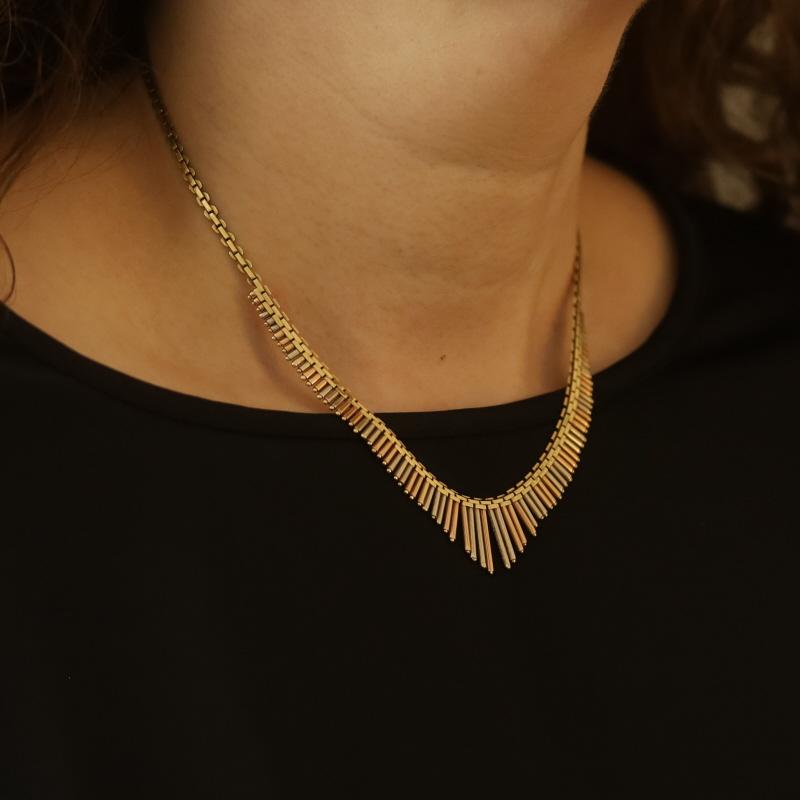 Women's Yellow Gold Lancy Link Chain V Fringe Necklace 16 1/2