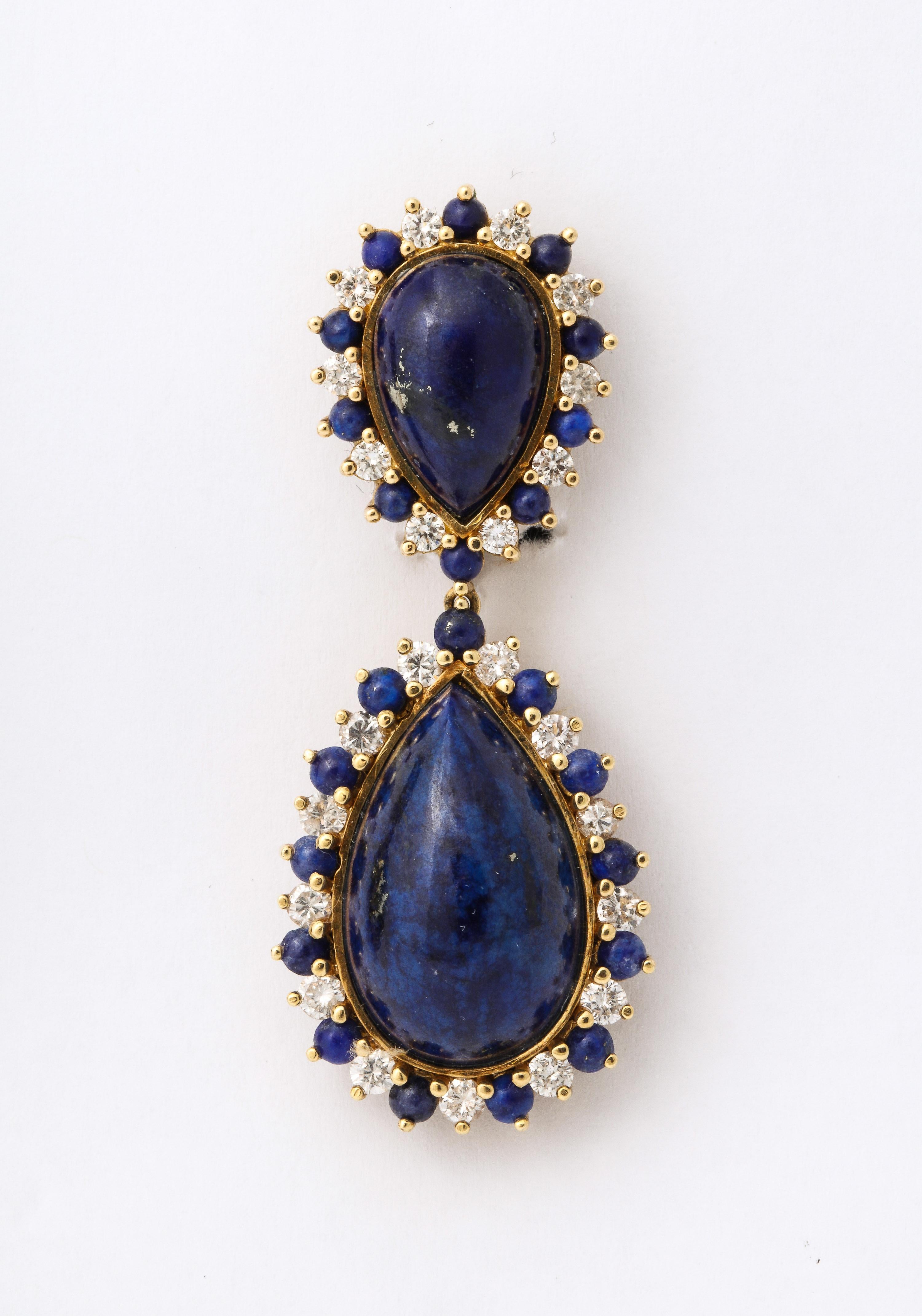 Yellow Gold Lapis, & Diamond Clip-On Drop Earrings For Sale 4