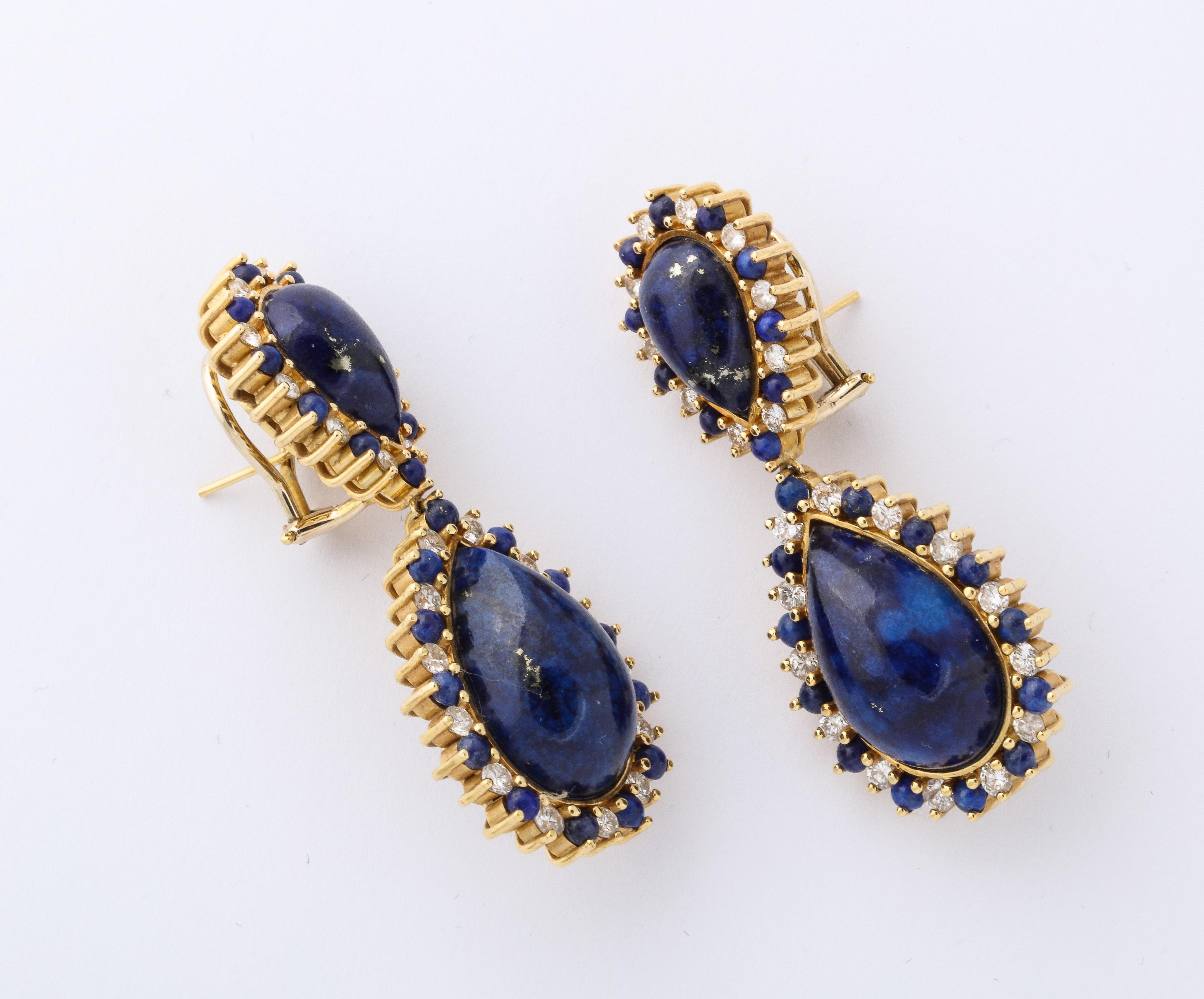 Baroque Revival Yellow Gold Lapis, & Diamond Clip-On Drop Earrings For Sale