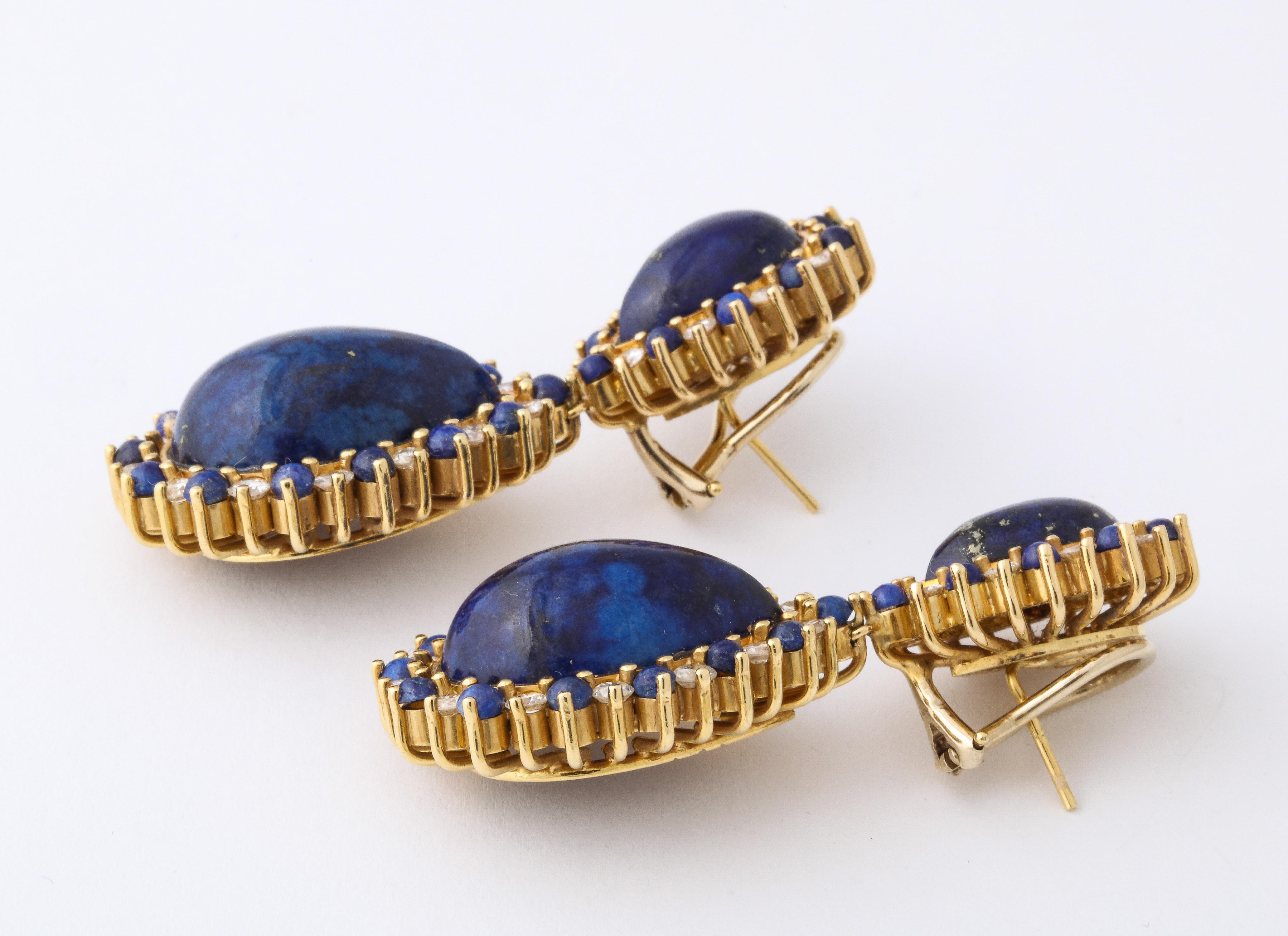 Yellow Gold Lapis, & Diamond Clip-On Drop Earrings In Excellent Condition For Sale In New York, NY