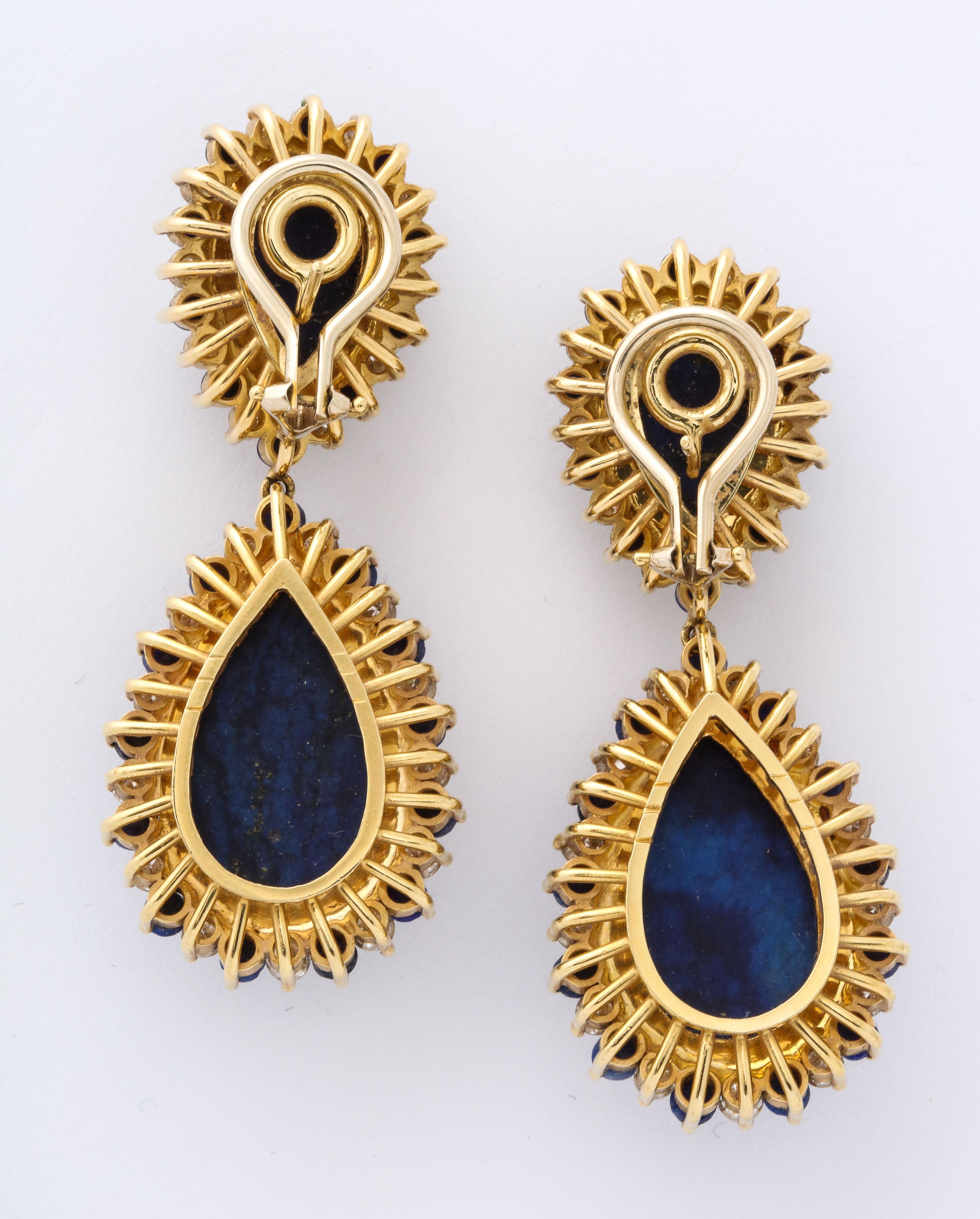 Women's or Men's Yellow Gold Lapis, & Diamond Clip-On Drop Earrings For Sale