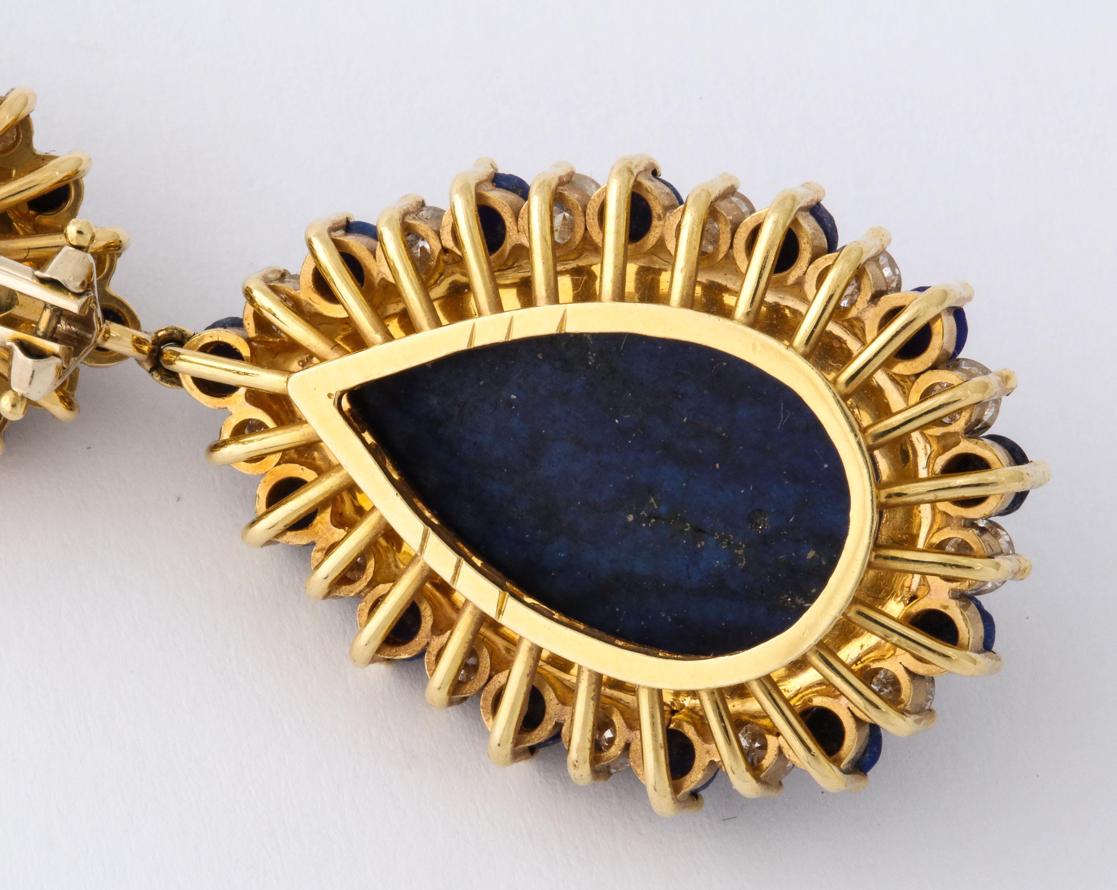 Yellow Gold Lapis, & Diamond Clip-On Drop Earrings For Sale 1
