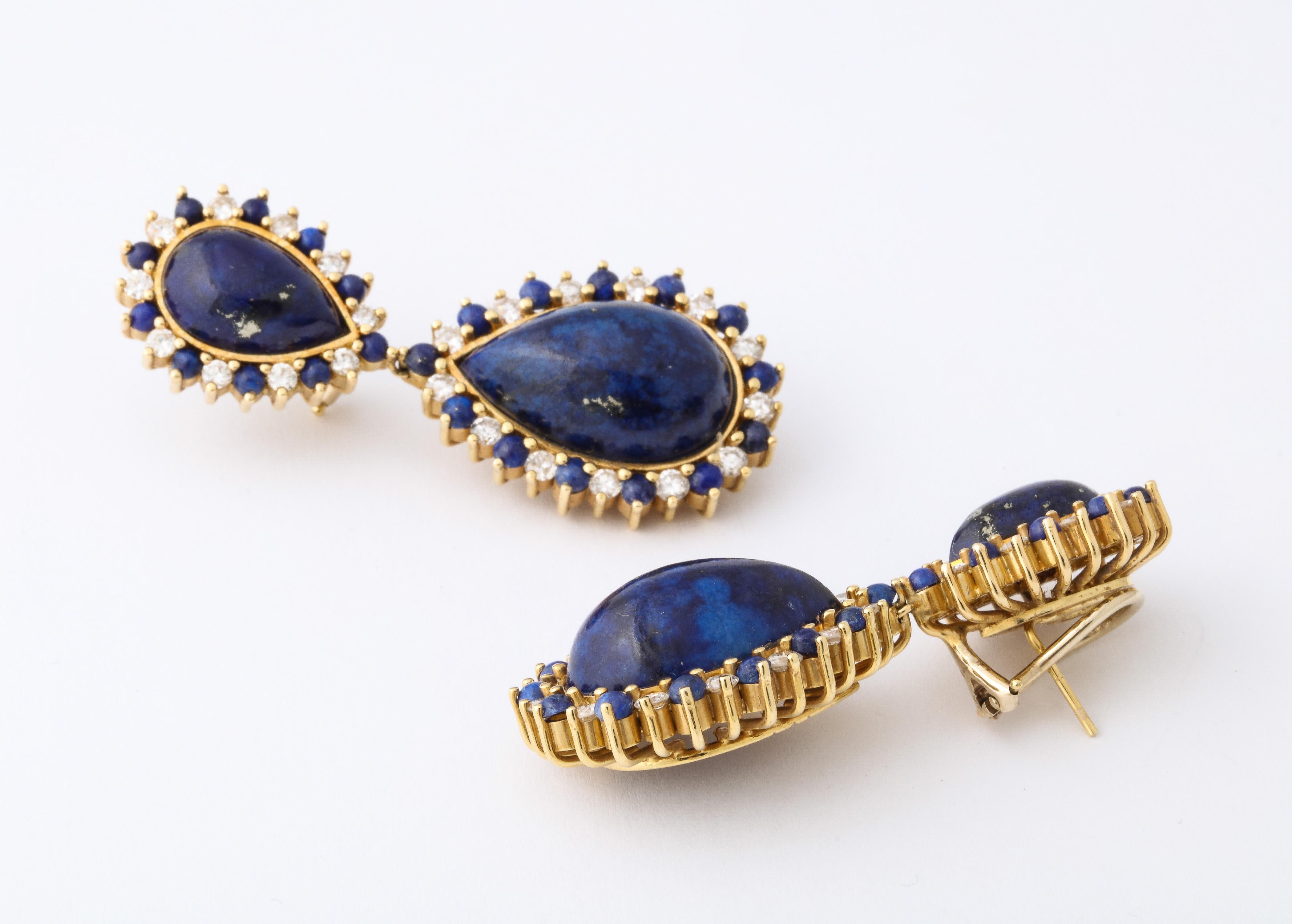 Yellow Gold Lapis, & Diamond Clip-On Drop Earrings For Sale 2
