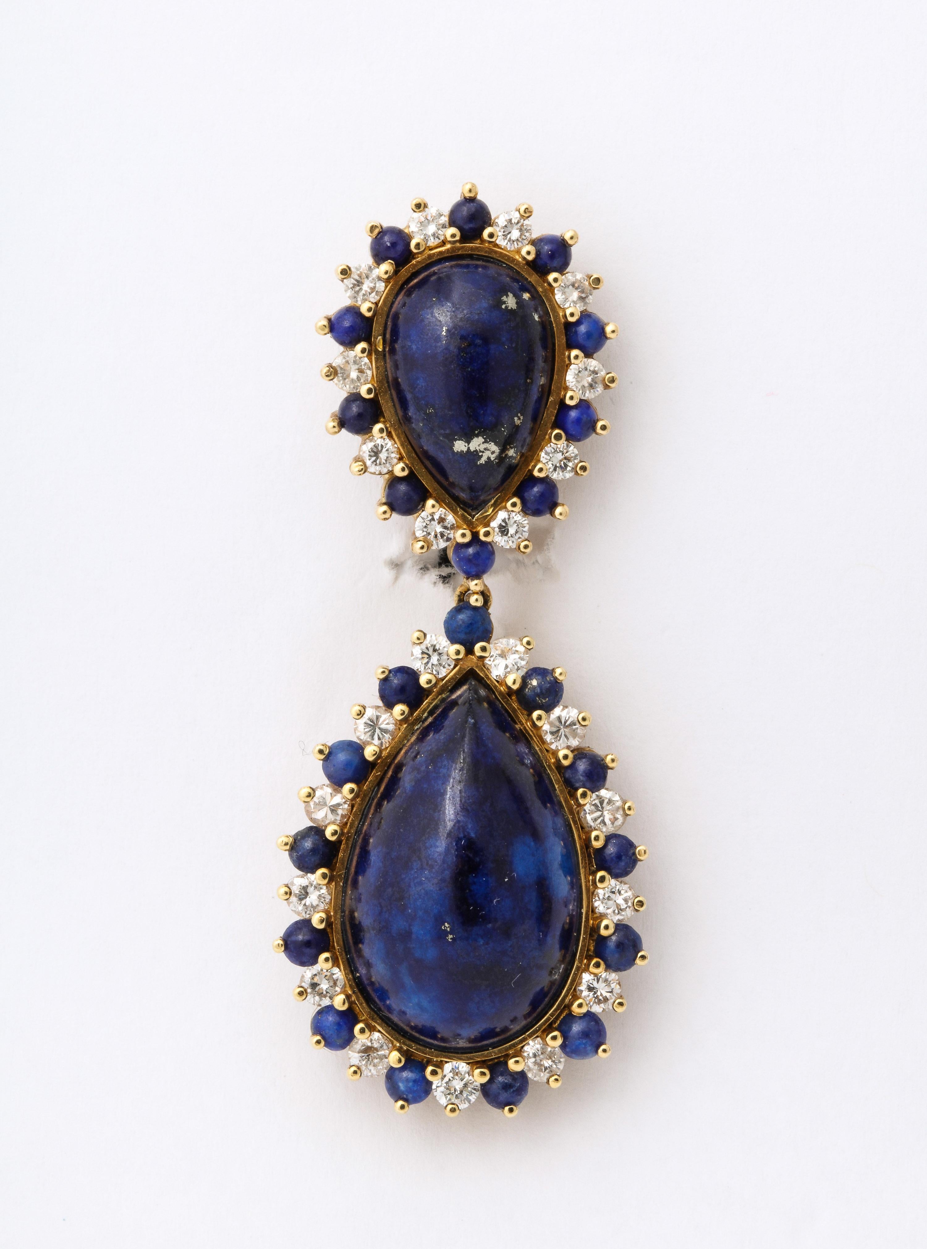 Yellow Gold Lapis, & Diamond Clip-On Drop Earrings For Sale 3