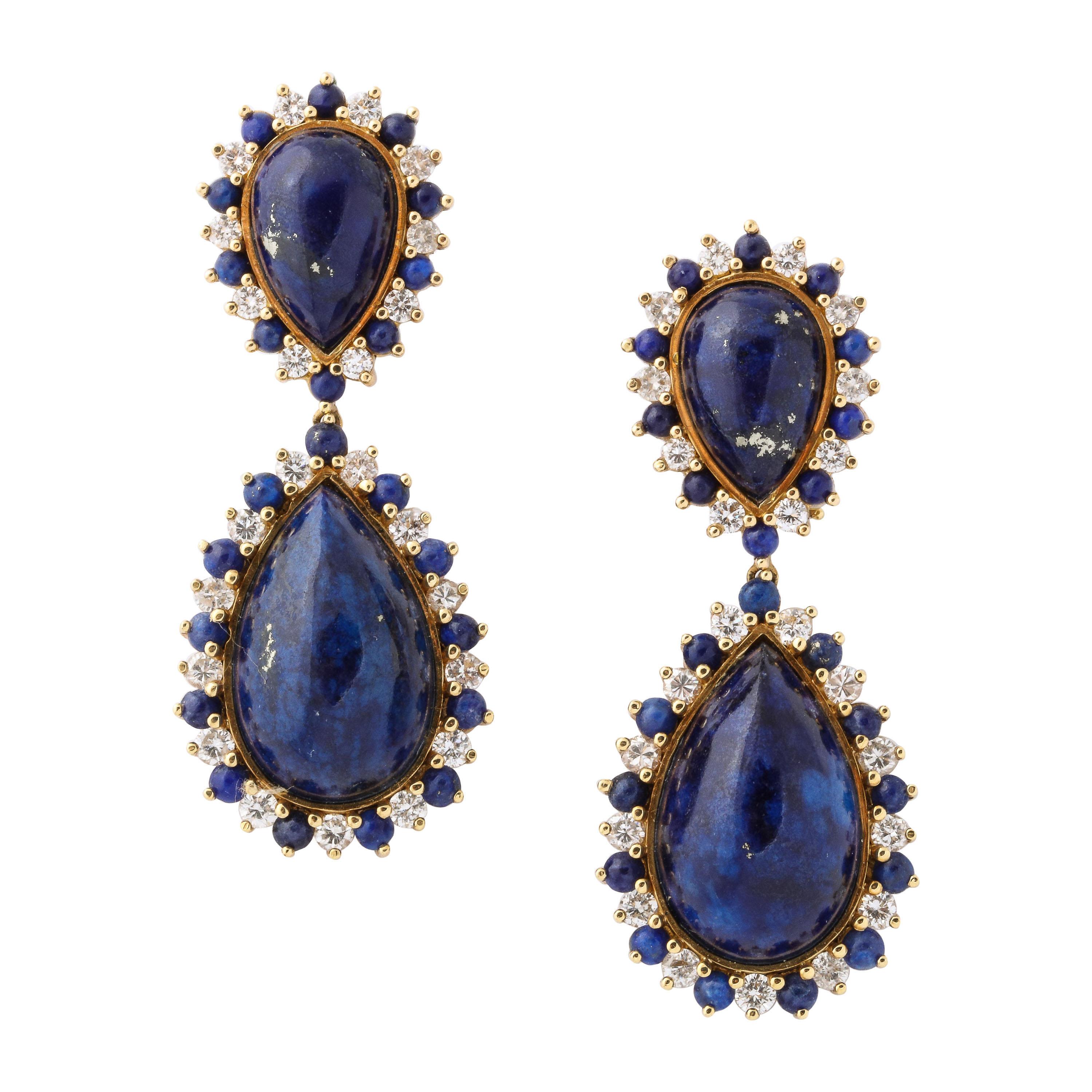 Yellow Gold Lapis, & Diamond Clip-On Drop Earrings For Sale