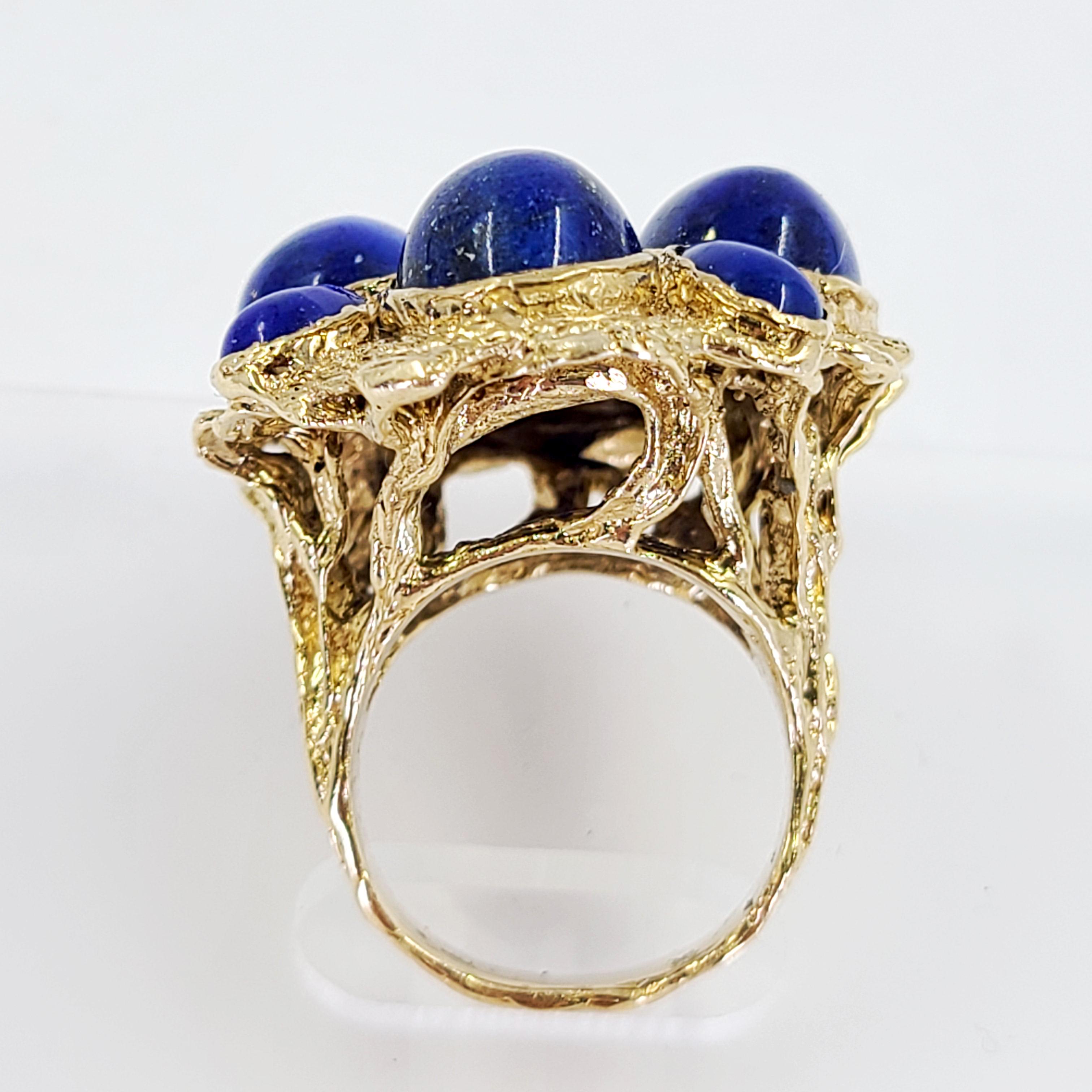 Cabochon Yellow Gold Lapis Lazuli and Diamond Cluster Freeform Cocktail Ring