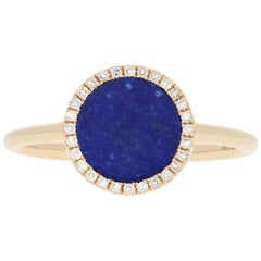 Yellow Gold Lapis Lazuli and Diamond Ring, 14 Karat Single Cut Accents Halo