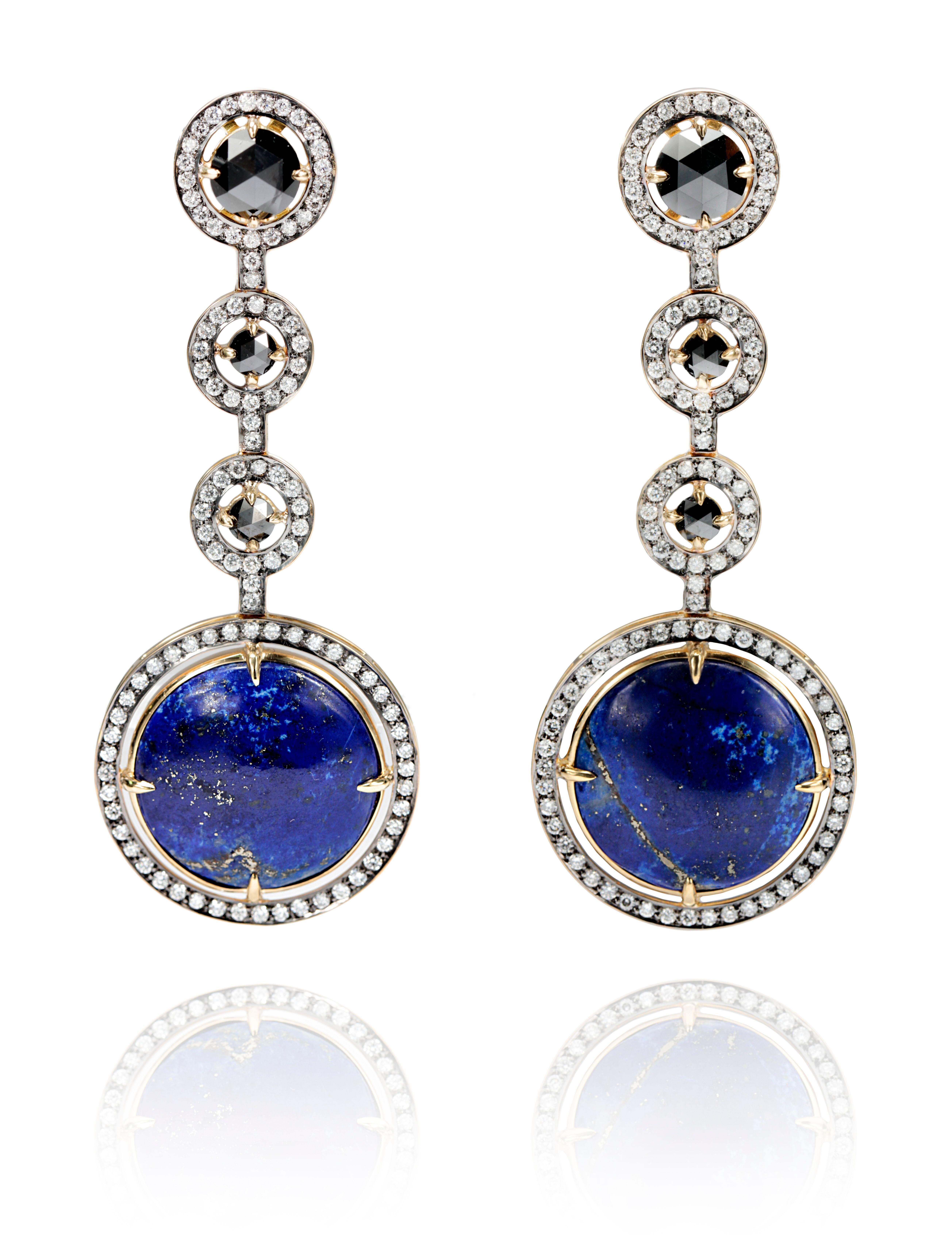 Designed exclusively by Ara Vartanian, these classic earrings feature a pair of Lapides Lazulis, in a cabochon cut, with a total weight of 36,78ct (thirty-six carats and seventy-eight points), along with 6,0ct (six carats) worth of Black Diamonds in