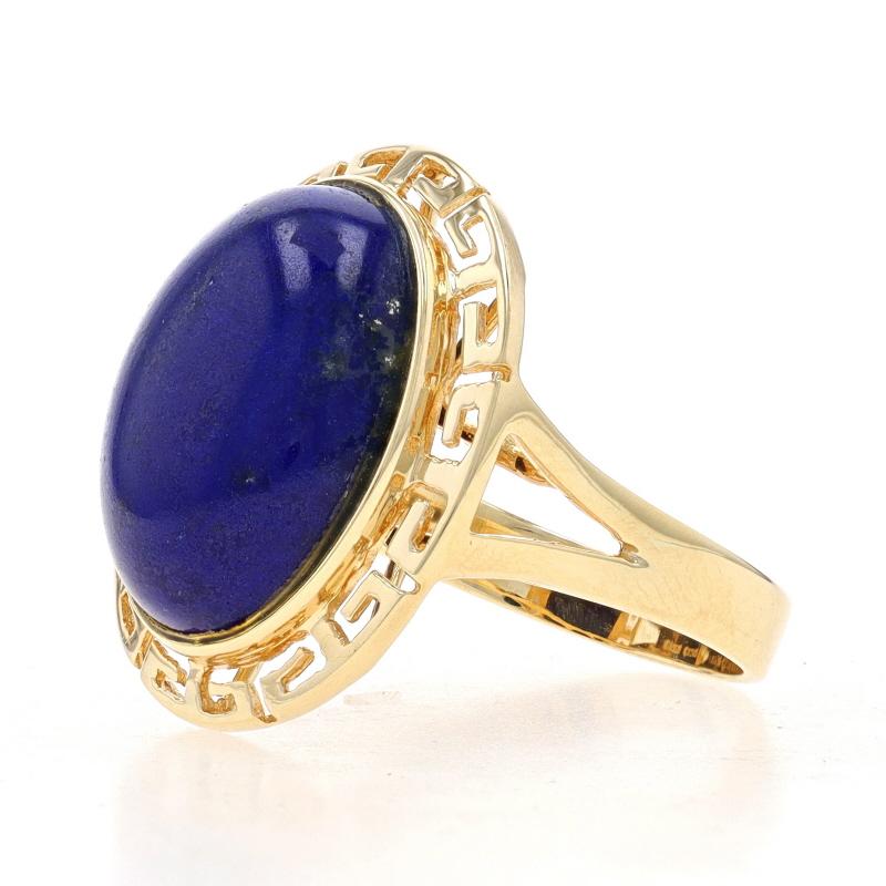 Oval Cut Yellow Gold Lapis Lazuli Cocktail Solitaire Ring - 14k Oval Cab Greek Key Border For Sale