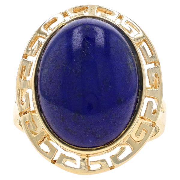 Yellow Gold Lapis Lazuli Cocktail Solitaire Ring - 14k Oval Cab Greek Key Border