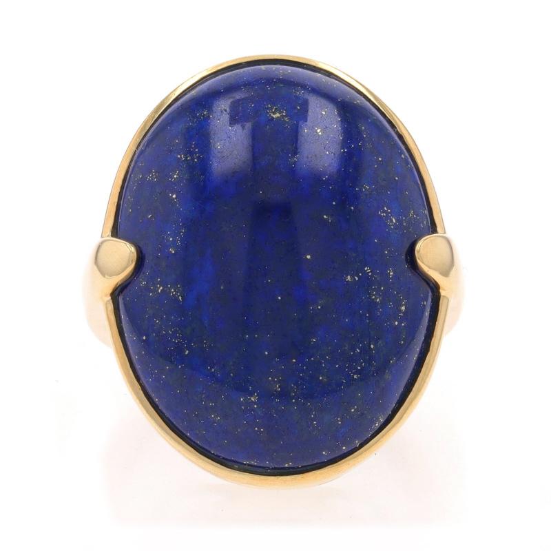 Size: 6 1/4
Sizing Fee: Up 1 size for $40 or Down 1/2 a size for $40

Metal Content: 14k Yellow Gold

Stone Information

Natural Lapis Lazuli
Cut: Oval Cabochon
Color: Blue
Size: 23.9mm x 19mm

Style: Cocktail Solitaire

Measurements

Face Height