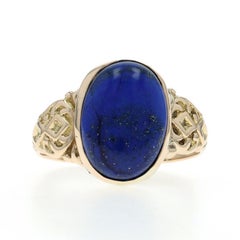 Yellow Gold Lapis Lazuli Cocktail Solitaire Ring - 14k Oval Cabochon