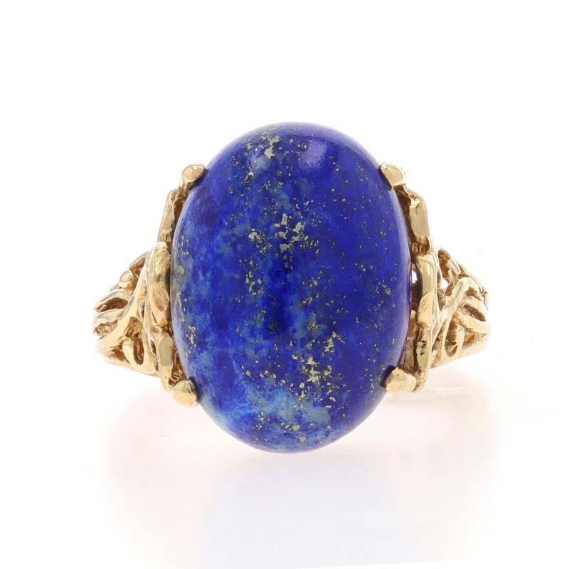 Size: 6 1/2
Sizing Fee: Up 3 sizes for $35 or Down 2 sizes for $35

Metal Content: 14k Yellow Gold

Stone Information

Natural Lapis Lazuli
Cut: Oval Cabochon
Color: Blue

Style: Cocktail Solitaire
Features: Open Cut Shoulder