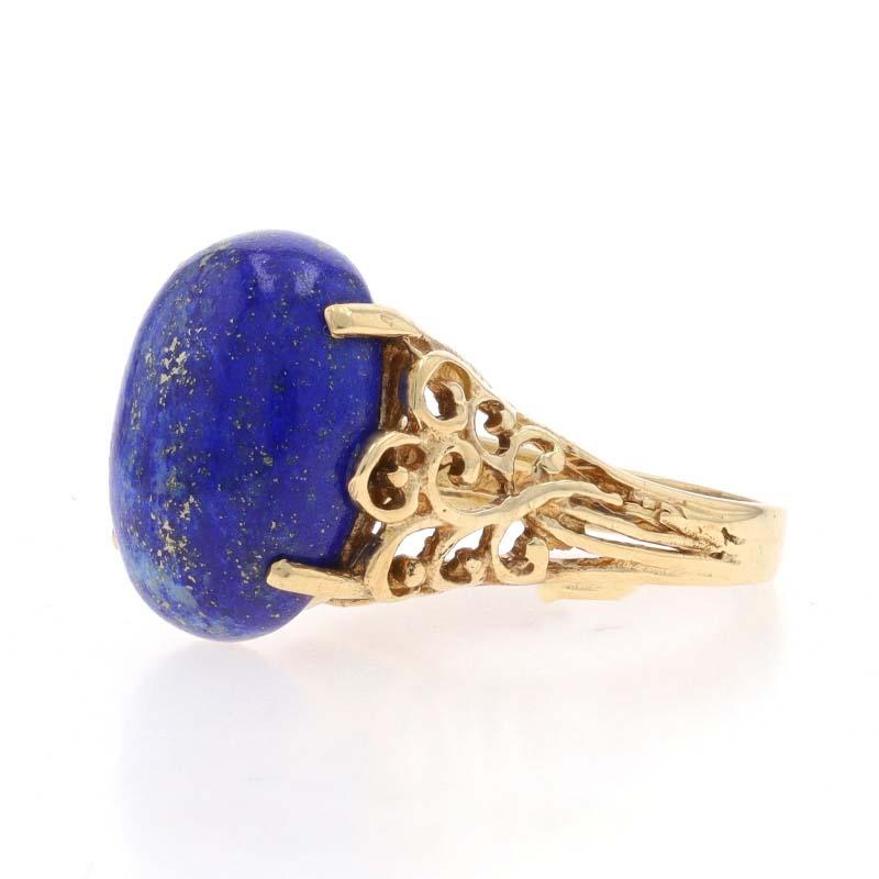 Yellow Gold Lapis Lazuli Cocktail Solitaire Ring - 14k Oval Cabochon Scroll In Excellent Condition For Sale In Greensboro, NC
