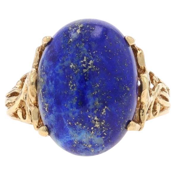 Yellow Gold Lapis Lazuli Cocktail Solitaire Ring - 14k Oval Cabochon Scroll For Sale