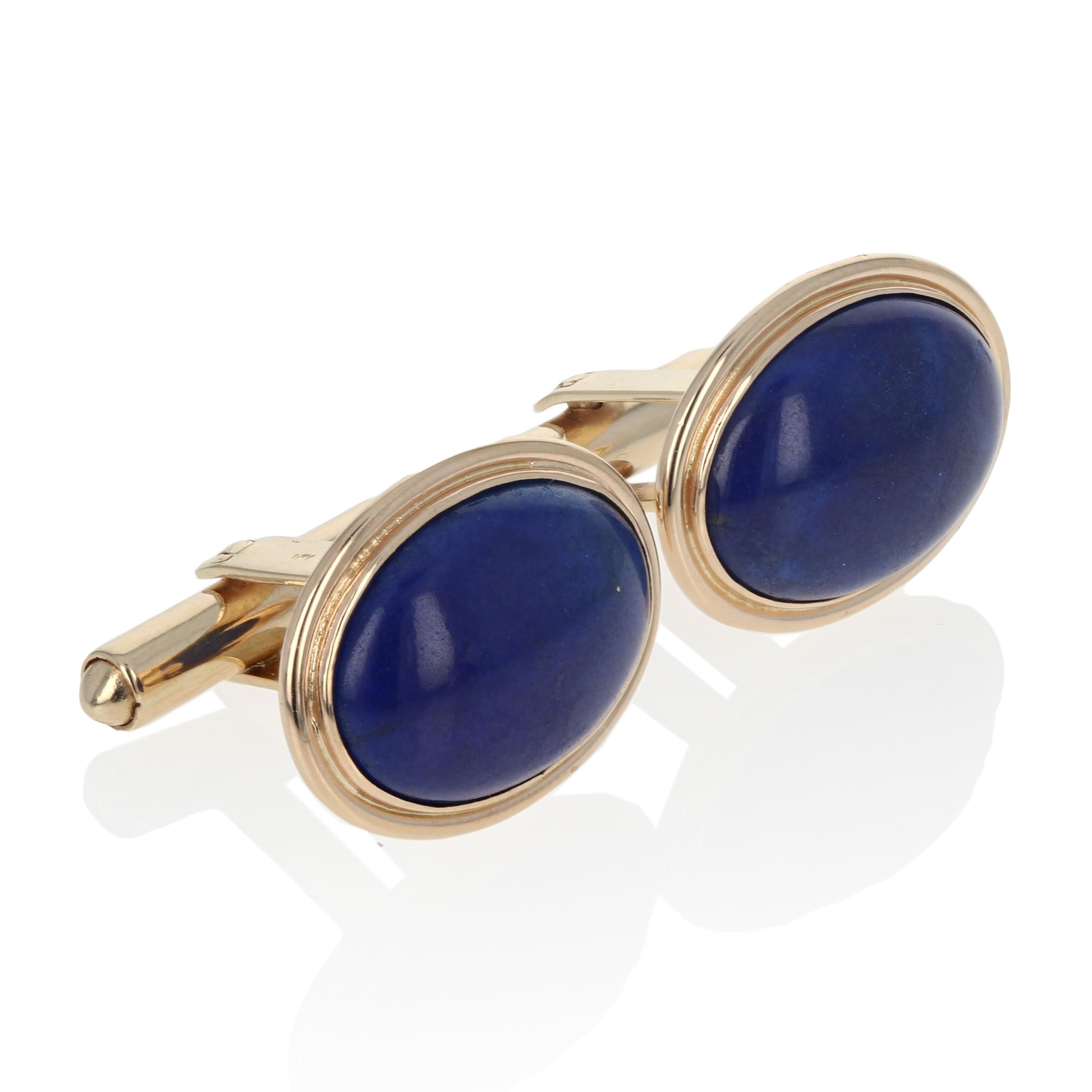 Metal Content: Guaranteed 14k Gold as stamped

Stone Information: 
Genuine Lapis Lazuli
Color: Blue
Cut: Oval Cabochon

Each Cufflink's Face: 
Long: 5/8