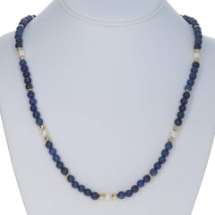 Yellow Gold Lapis Lazuli Cultured Pearls Necklace 27" - 14k