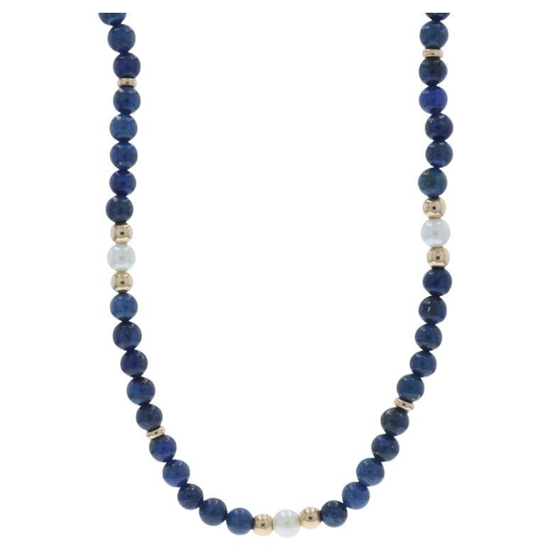 Yellow Gold Lapis Lazuli Cultured Pearls Necklace 27" - 14k For Sale