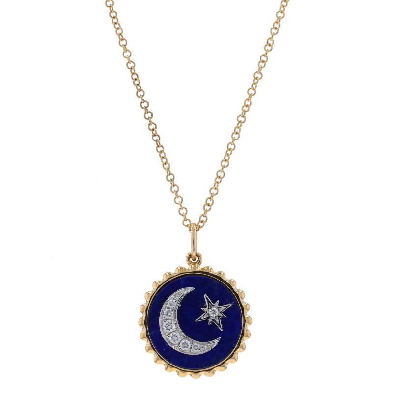 Contenu métallique : Or jaune 14k et or blanc 14k

Informations sur les pierres
Lapis Lazuli Naturel
Couleur : Bleu

Diamants naturels
Carat(s) : .08ctw
Coupe : Brillant rond
Couleur : G
Clarté : VS2 - SI1

Style de chaîne : Câble
Style du collier :