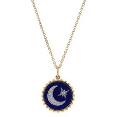 Yellow Gold Lapis Lazuli & Diamond Crescent Moon & Star Necklace 14k Adjustable