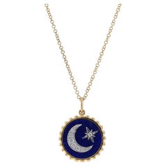 Yellow Gold Lapis Lazuli & Diamond Crescent Moon & Star Necklace 14k Adjustable