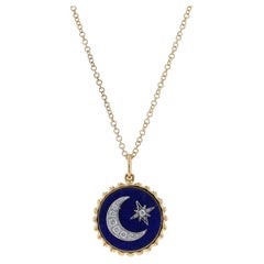 Collier en or jaune lapis lazuli et diamant croissant de lune et étoile 14k ajustable