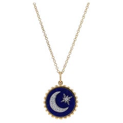 Yellow Gold Lapis Lazuli & Diamond Crescent Moon & Star Necklace 14k Adjustable