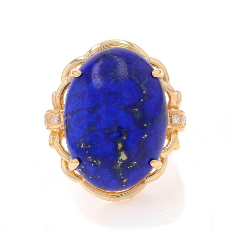 Size: 8
Sizing Fee: Up 3 sizes for $40 or Down 2 sizes for $40

Metal Content: 14k Yellow Gold

Stone Information

Natural Lapis Lazuli
Cut: Oval Cabochon
Color: Blue
Size: 24.9mm x 17.8mm

Natural Diamonds
Carat(s): .08ctw
Cut: Round