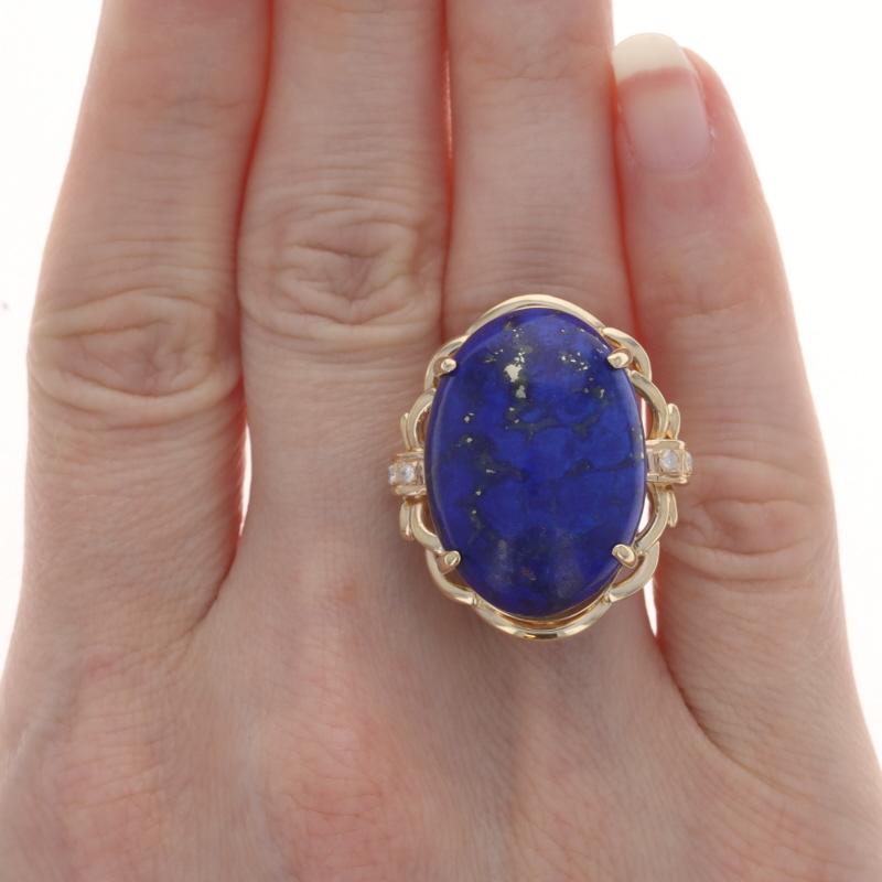 Oval Cut Yellow Gold Lapis Lazuli & Diamond Ring - 14k Oval Cabochon For Sale